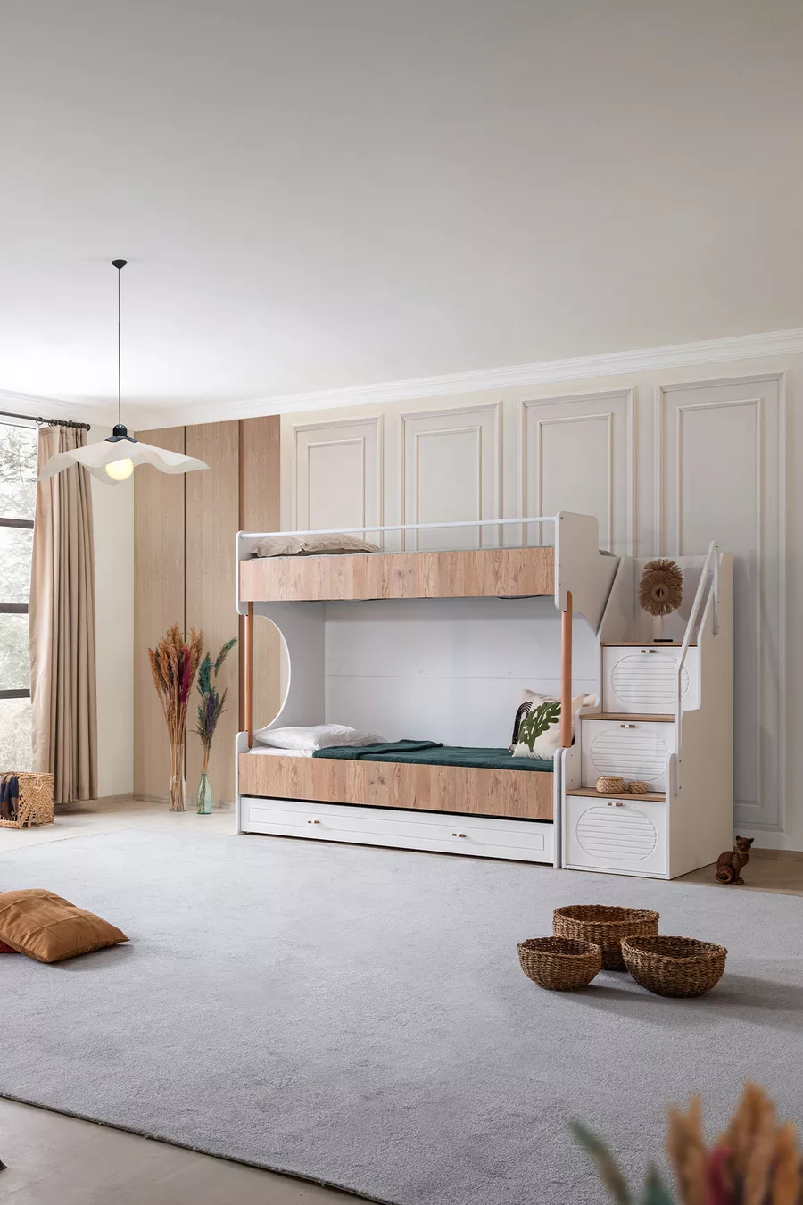 Lit superposé Ranza, noix Vita Bohem avec tiroirs + 2 matelas Comfort