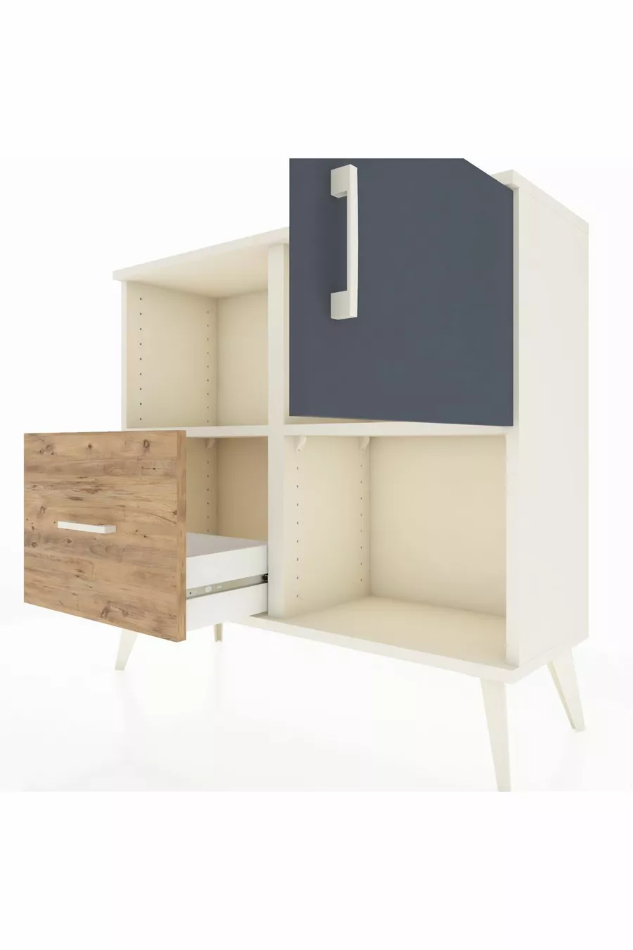 Commode Arges avec 2 étagères, 1 tiroir et 1 porte, couleur Pierre de Lune-Anthracite/Sapin