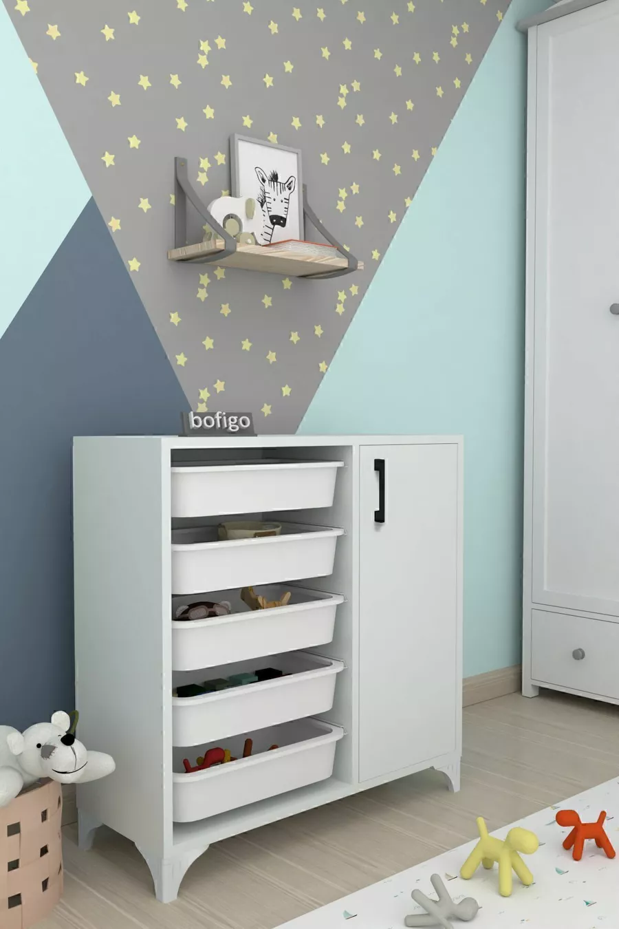 Armoire à 5 paniers, armoire polyvalente, armoire à jouets Kayra blanche