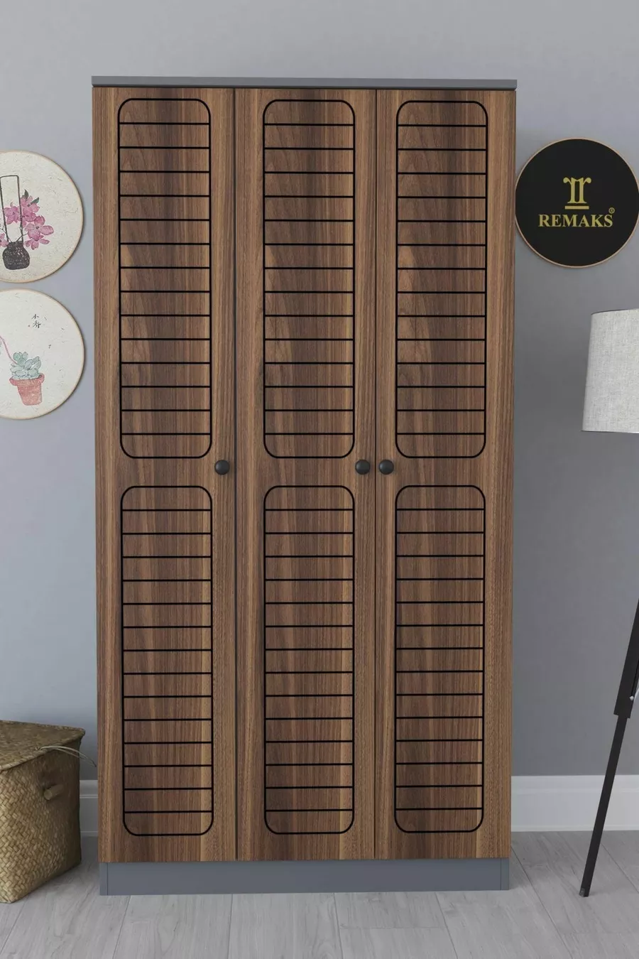 Armoire à vêtements Fuga 3 portes - Corps anthracite, portes en noyer