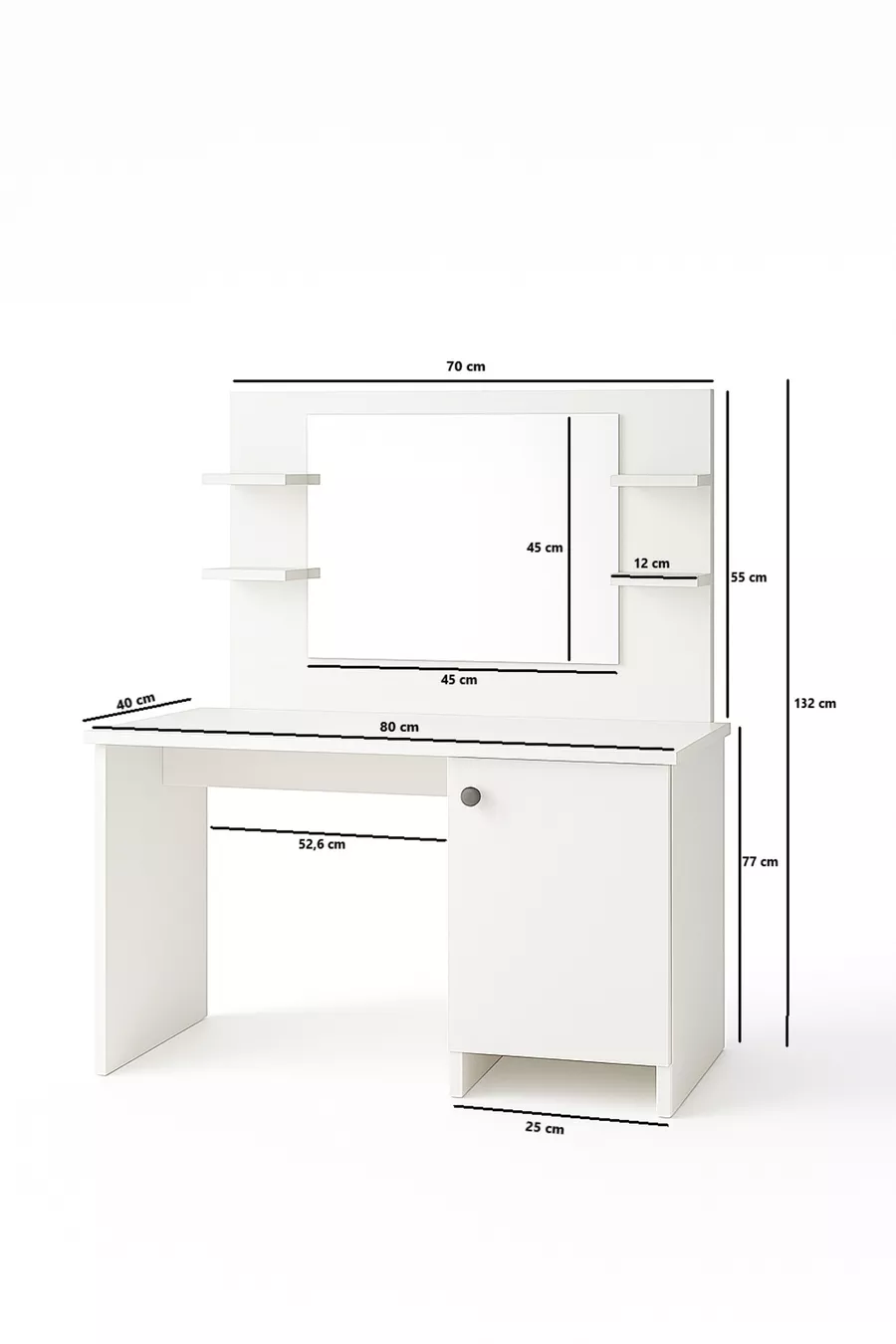 Table de maquillage Lima avec miroir, armoire et 4 étagères, blanche