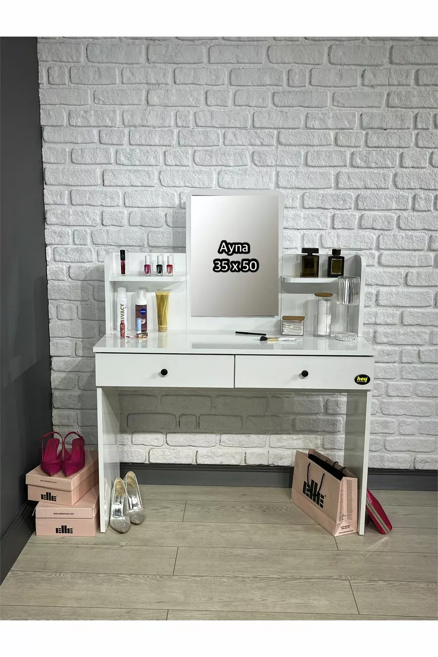 Coiffeuse avec miroir, table de toilette avec 2 tiroirs, organiseur de bijoux et étagère, blanc, cm