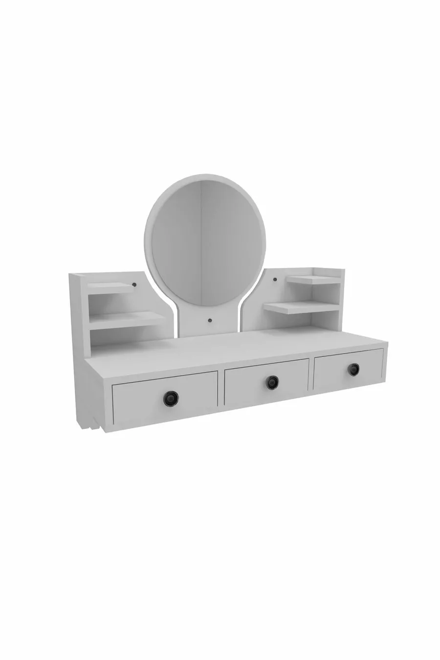Table de maquillage murale Polina avec miroir, étagères et tiroirs, blanc - Polina