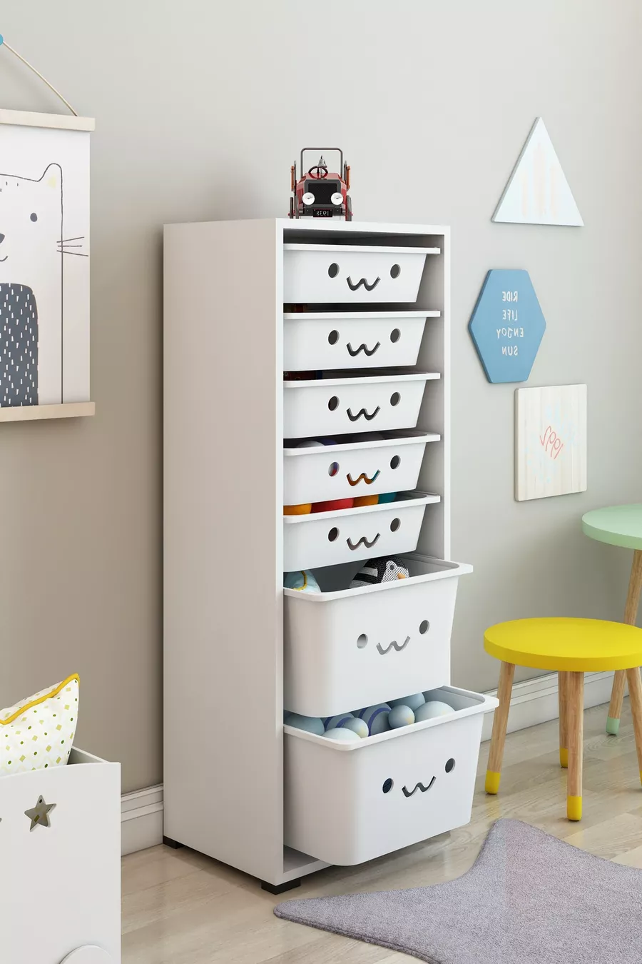 Armoire à jouets KIDS 7 avec 7 paniers et décorations souriantes Boîte de rangement pour jouets