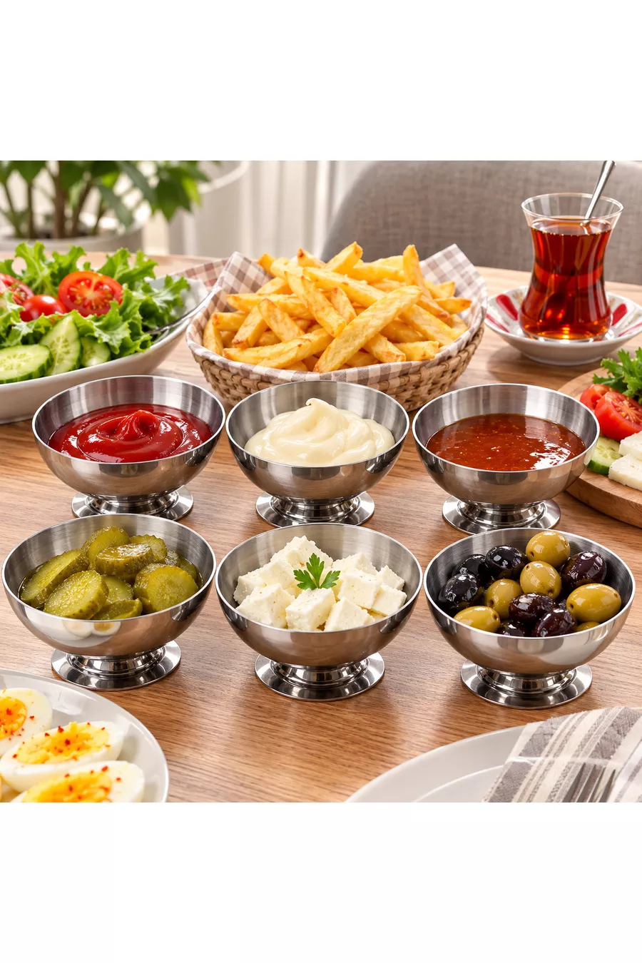 Set de 6 Bols de Présentation en Acier Inoxydable avec Pied de 8 cm | Pour Confiture, Sauce, Fruits Secs, Petit Déjeuner, Mezze, Cornichons, Présentation, Cadeau