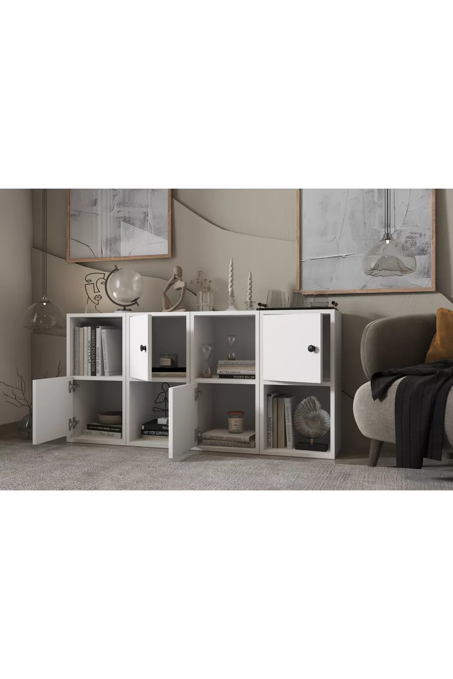 Commode blanche à quatre portes avec étagères sans lattes