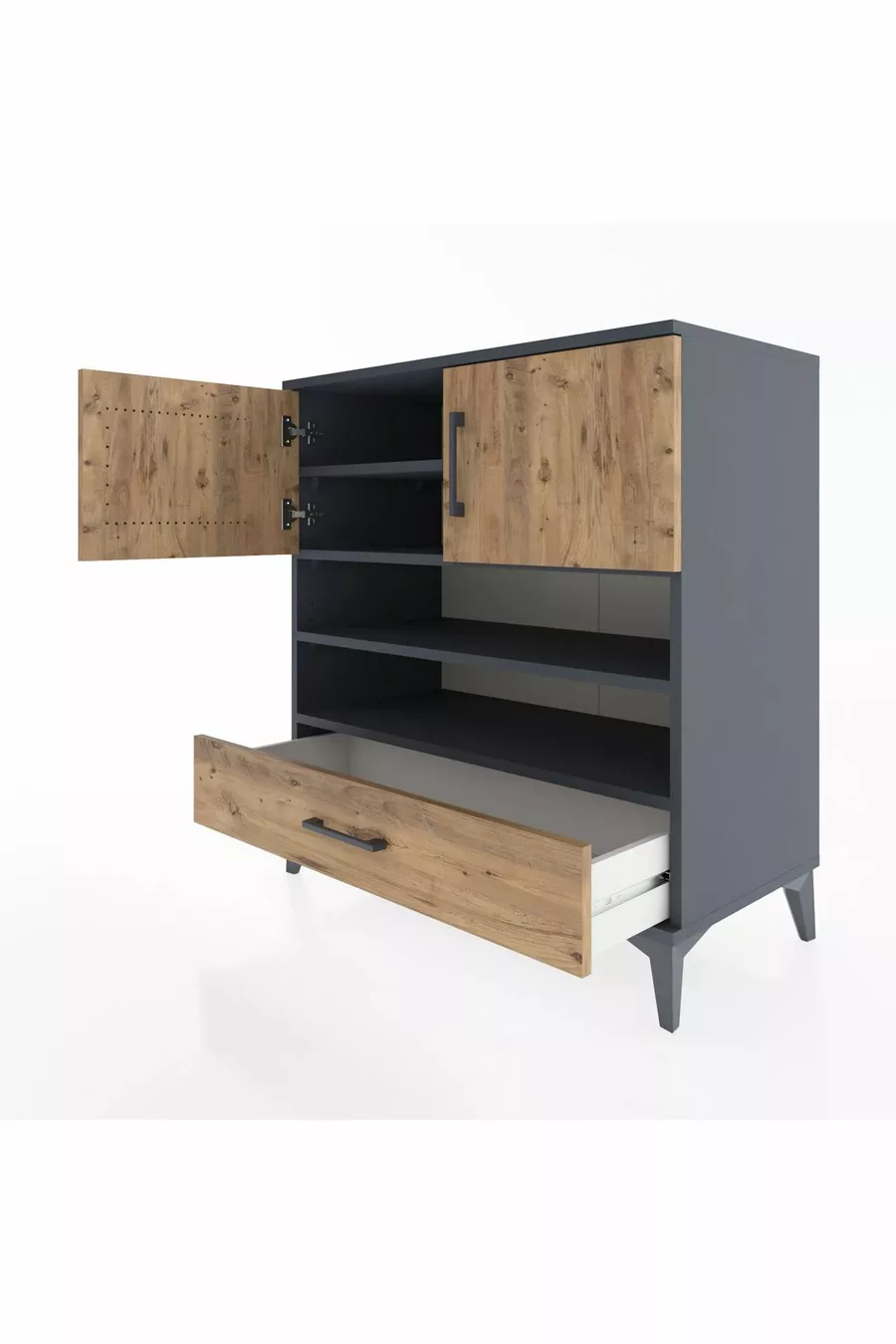 Bahut Hyperion 4 étagères avec 1 tiroir et 2 portes Anthracite-Pin