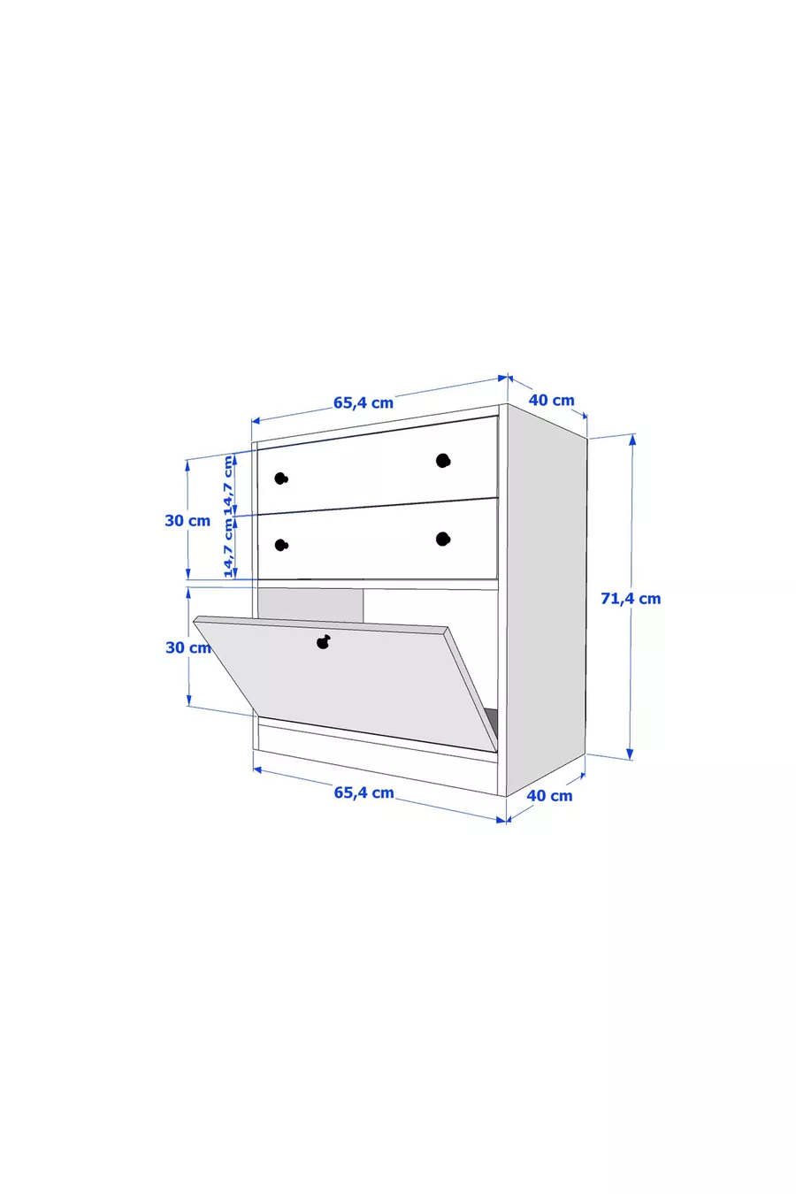Table de chevet blanche à deux tiroirs avec porte, sans moulure