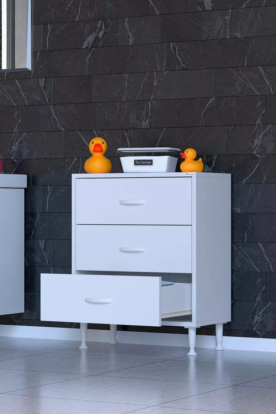 SÖKE, Armoire de salle de bain multifonctions à 3 tiroirs avec pieds (différentes options de largeur)