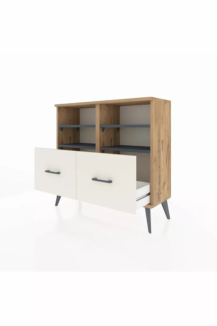 Commode Arges 4 étagères 2 tiroirs Pin-Anthracite/Gris pierre