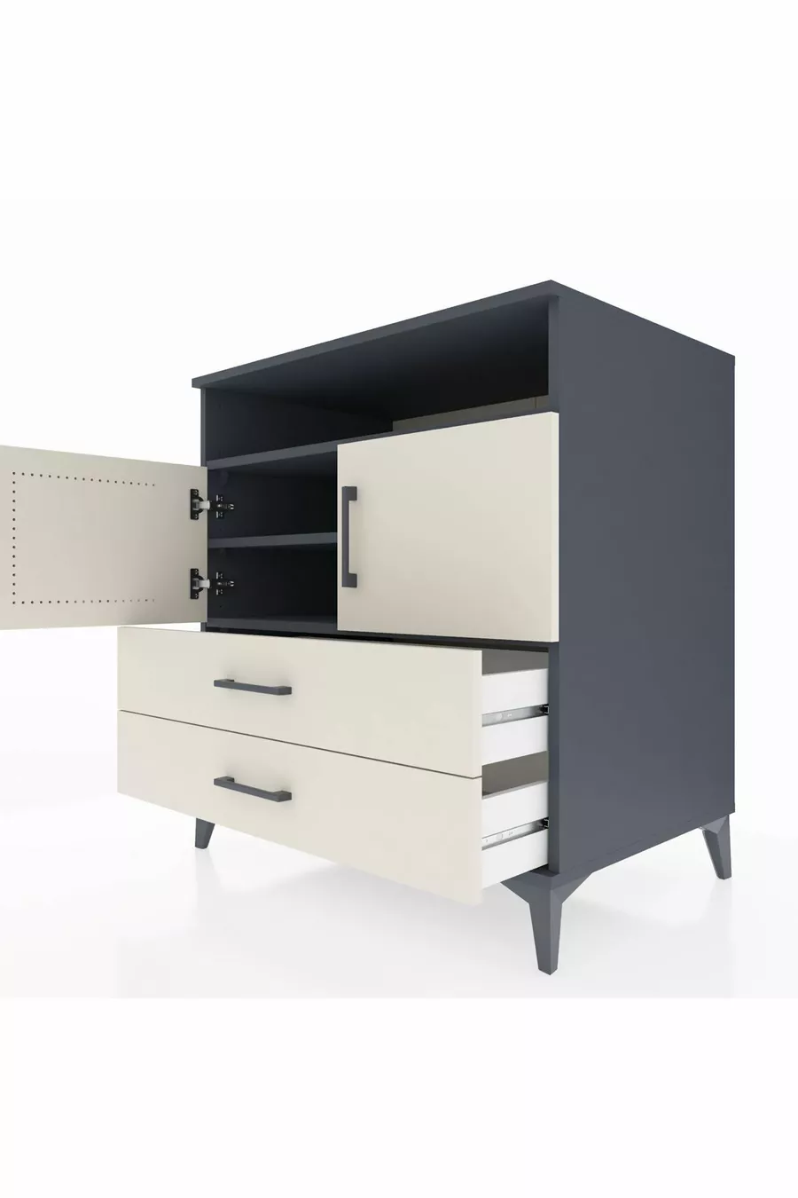 Commode Kronos avec 3 étagères, 2 tiroirs et 2 portes, Anthracite-Sable