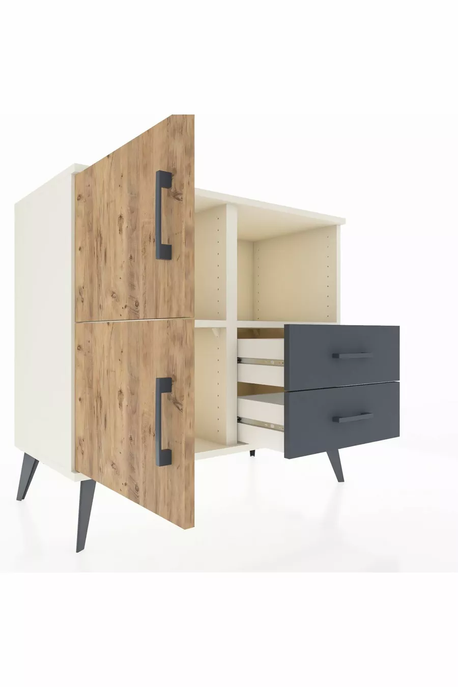 Commode Hyperion 2 étagères 2 tiroirs 2 portes Pierre de Lune-Sapin/Anthracite