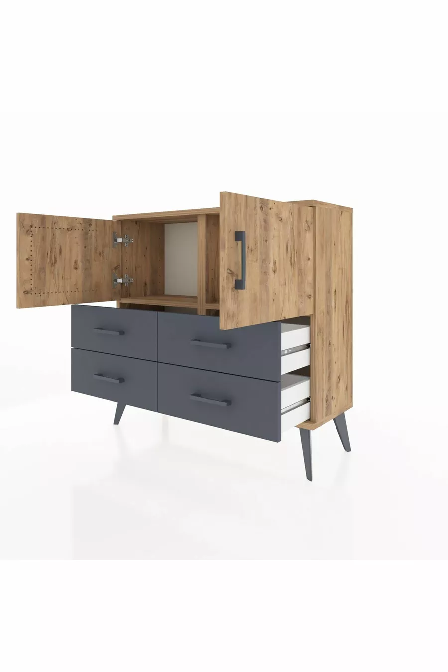 Commode Arges 2 étagères, 4 tiroirs, 2 portes, Pin/Anthracite