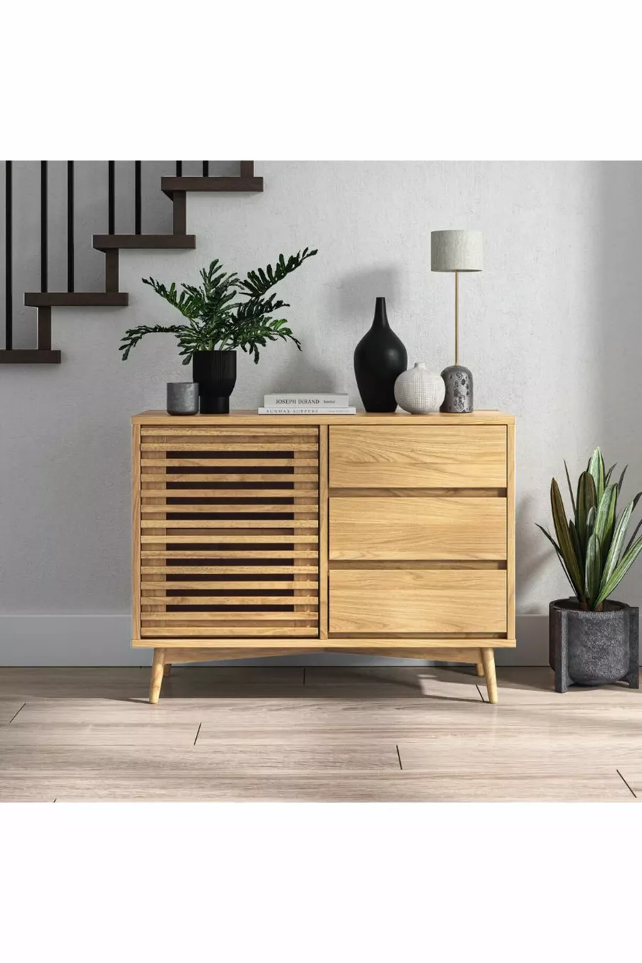 Console en bois naturel Ligna - Avec porte et 3 tiroirs