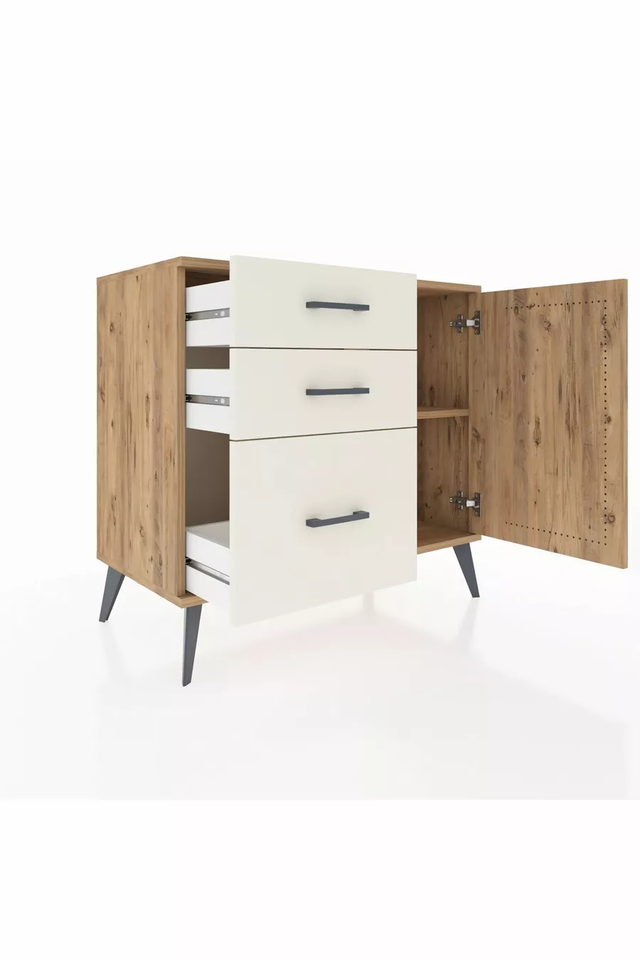 Commode Hyperion avec une étagère, 3 tiroirs et une porte, pin-pin / pierre de lune