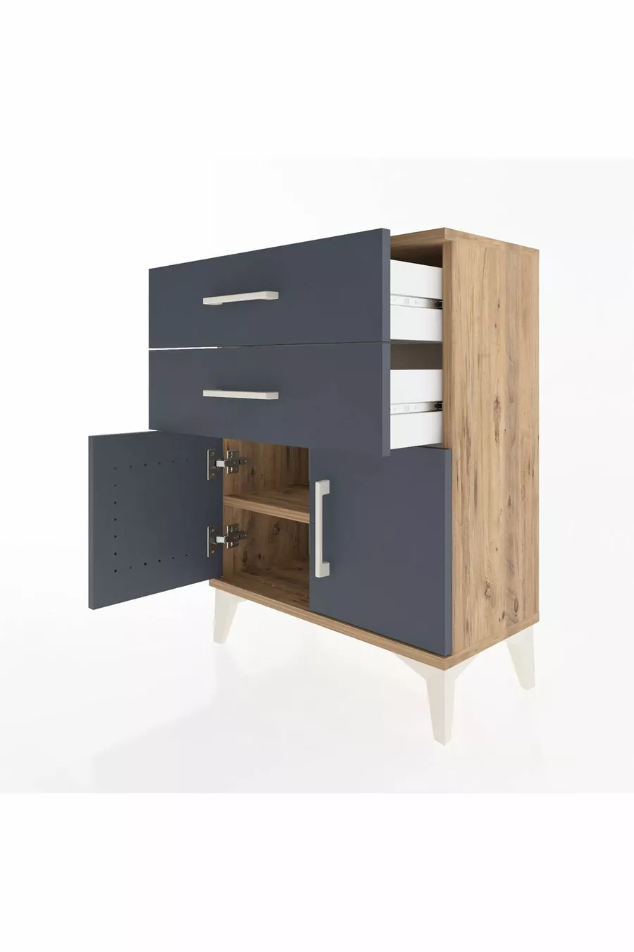 Table de chevet Arges avec une étagère, 2 tiroirs et 2 portes, pin-anthracite