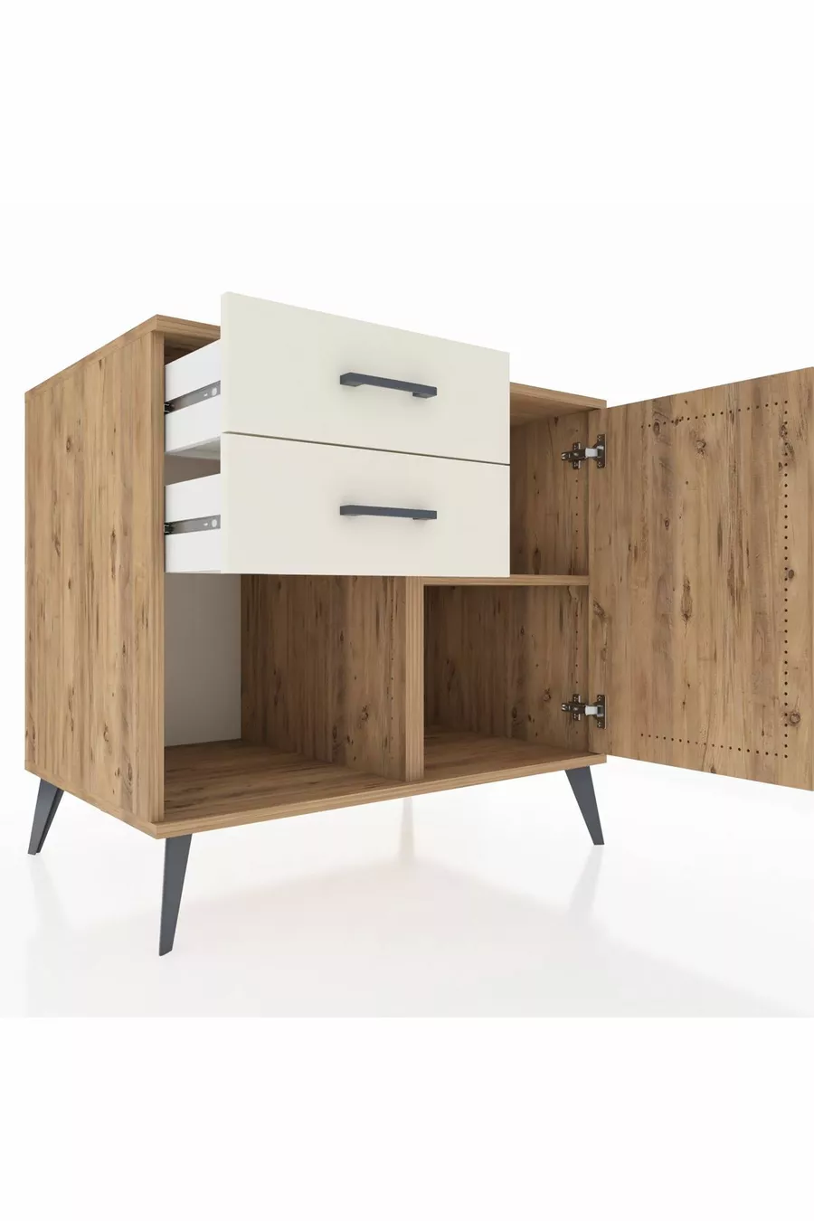 Commode Kronos avec une seule étagère, 2 tiroirs et une porte, Pin-Pin / Nacré