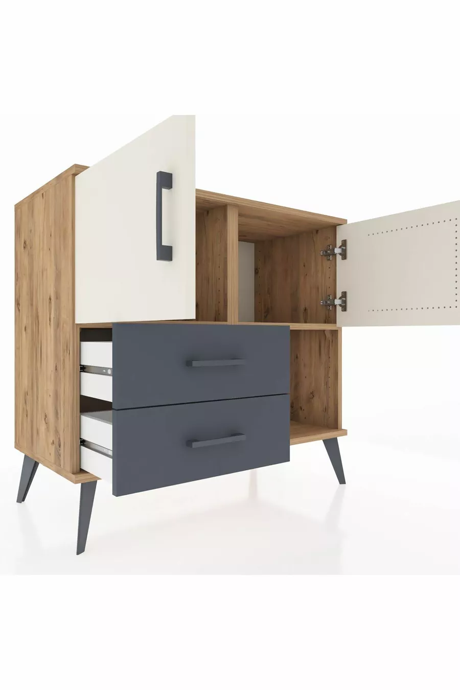 Commode Hyperion 2 étagères 2 tiroirs 2 portes Pin-Marbre/Anthracite