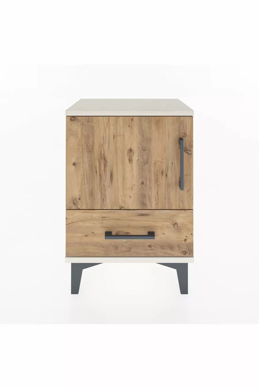 Table de chevet Arges à 2 étagères et 1 porte, en Pierre de lune et pin