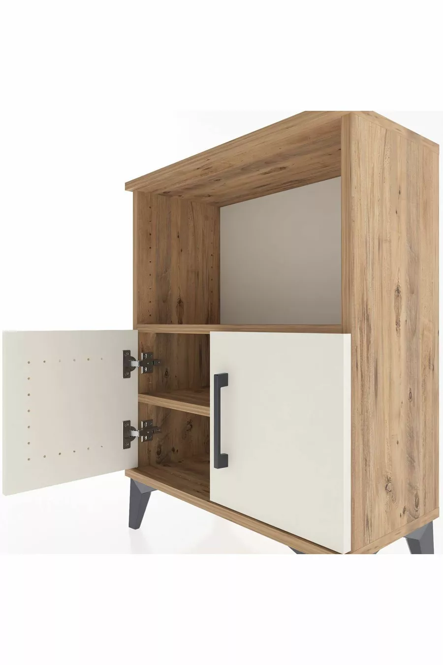 Table de chevet Arges à 2 étagères et 2 portes, pin-pierre d'onyx