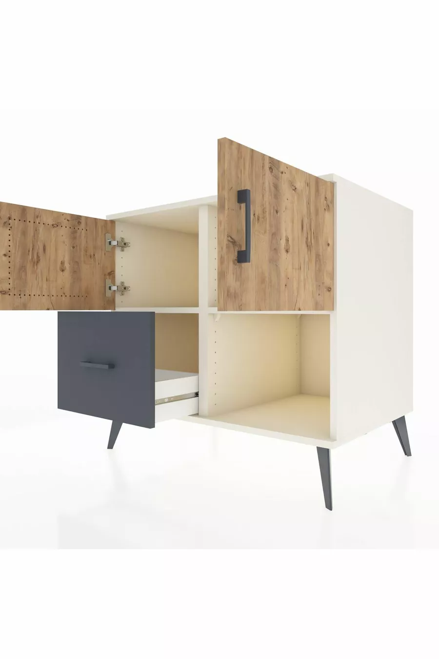 Commode Kronos avec 2 étagères, 1 tiroir et 2 portes, Albâtre-Pin/Anthracite