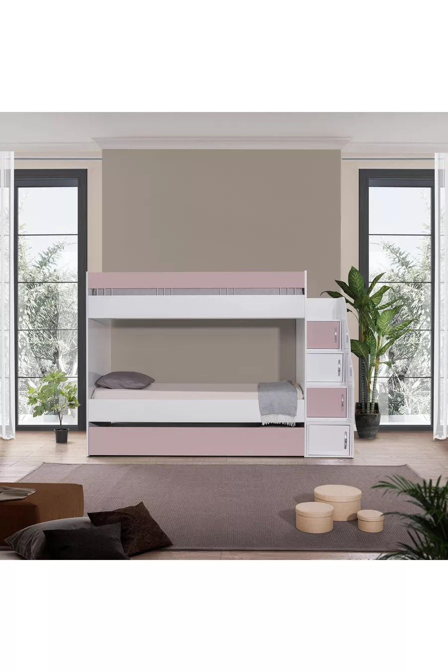 LIT SUPERPOSÉ, LIT SUPERPOSÉ BLANC ET ROSE AVEC LIT SUPPLÉMENTAIRE