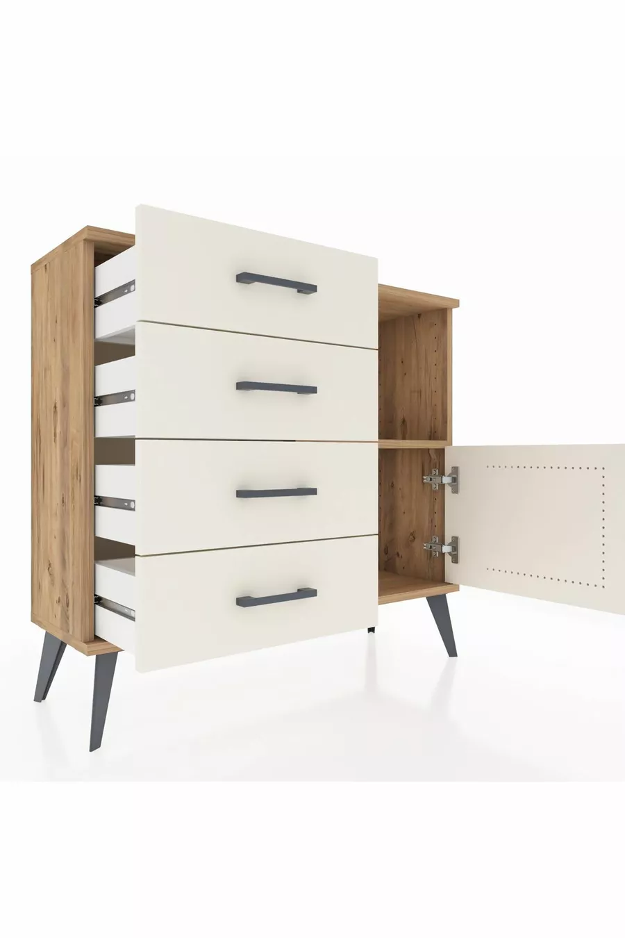 Commode Arges à une étagère, 4 tiroirs et une porte, pin et pierre de batte