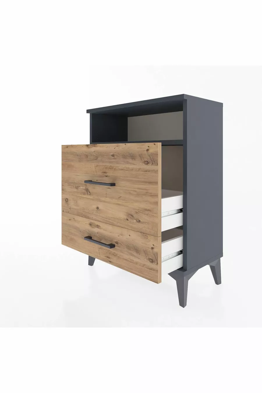 Chevet Arges à une étagère et deux tiroirs Anthracite-Pin