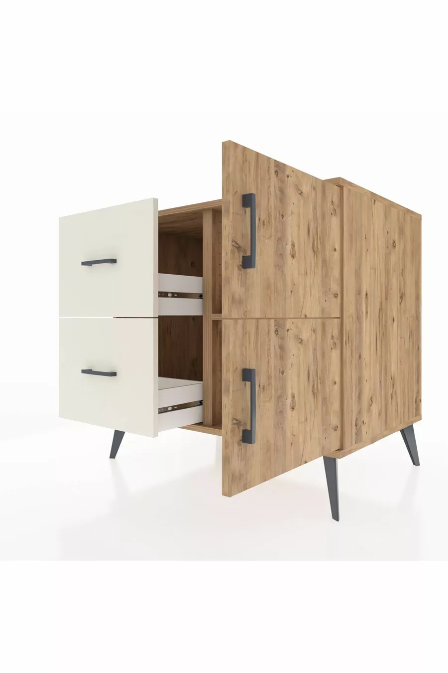Commode Kronos à une étagère, 2 tiroirs et 2 portes, Pin-Pin / Pierre de lune
