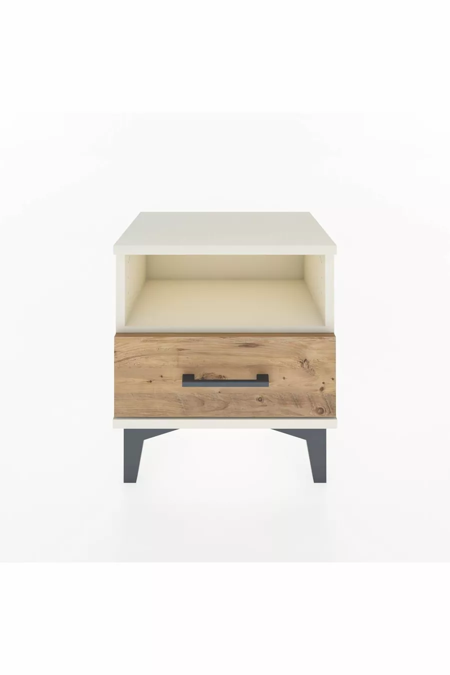Table de chevet Arges avec une étagère et un tiroir, en pierre d'onyx et pin