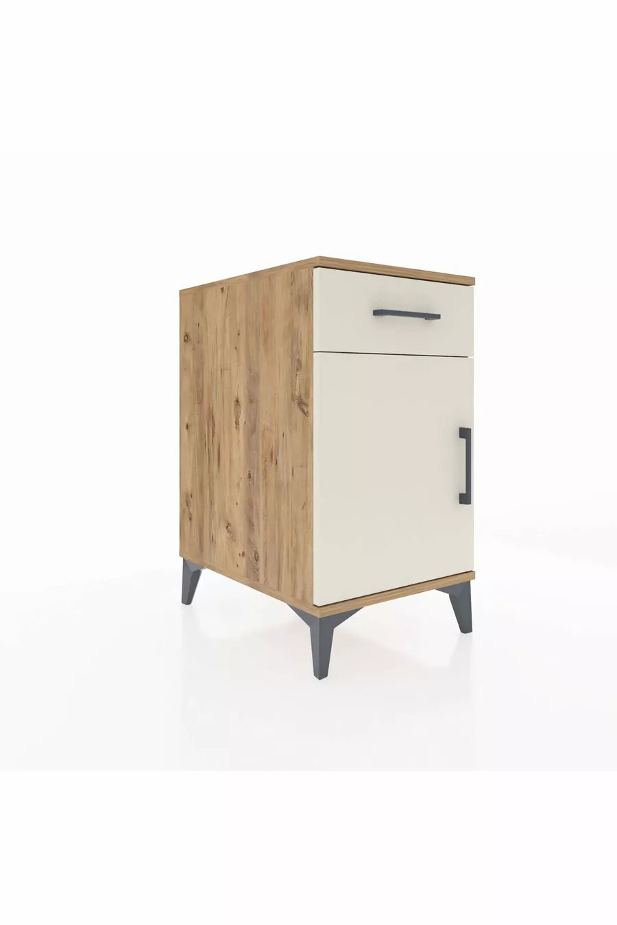 Chevet Kronos avec une étagère, un tiroir et une porte en pin et pierre d'onyx