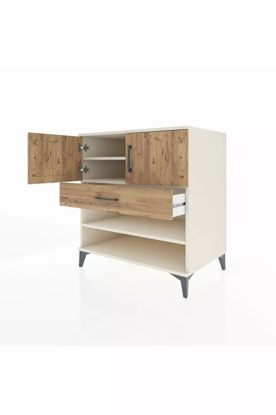 Commode Kronos avec 3 étagères, 1 tiroir et 2 portes, Pierre de Lune-Sapin