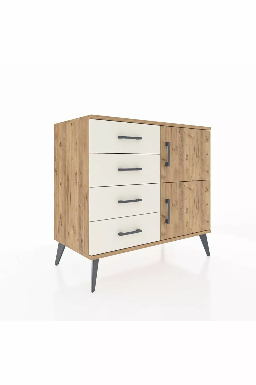 Commode Hyperion avec une seule étagère, 4 tiroirs et 2 portes, pin-pin / pierre d'âme