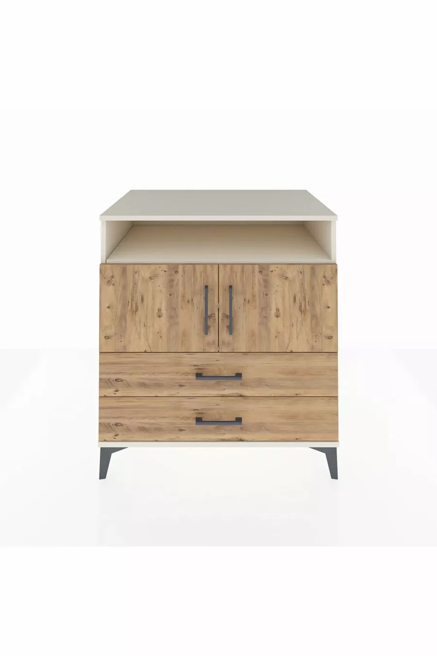Commode Kronos avec 3 étagères, 2 tiroirs et 2 portes, Pierre de lune-Pin