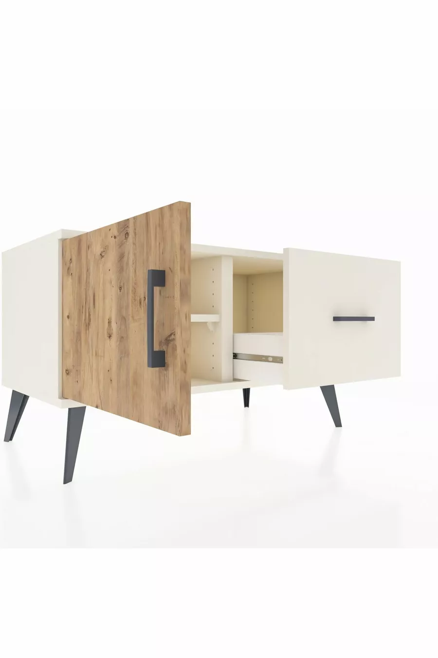 Commode Hyperion avec une étagère, un tiroir et une porte, coloris Pierre de Lune/Pin