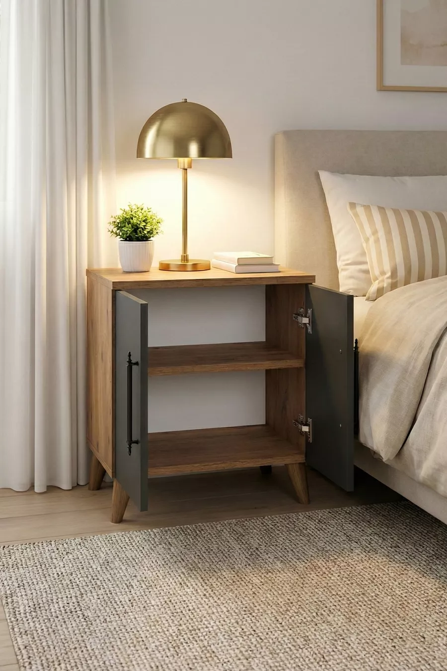 Table de chevet classique Lumen à 2 portes avec étagère, anthracite - Pin