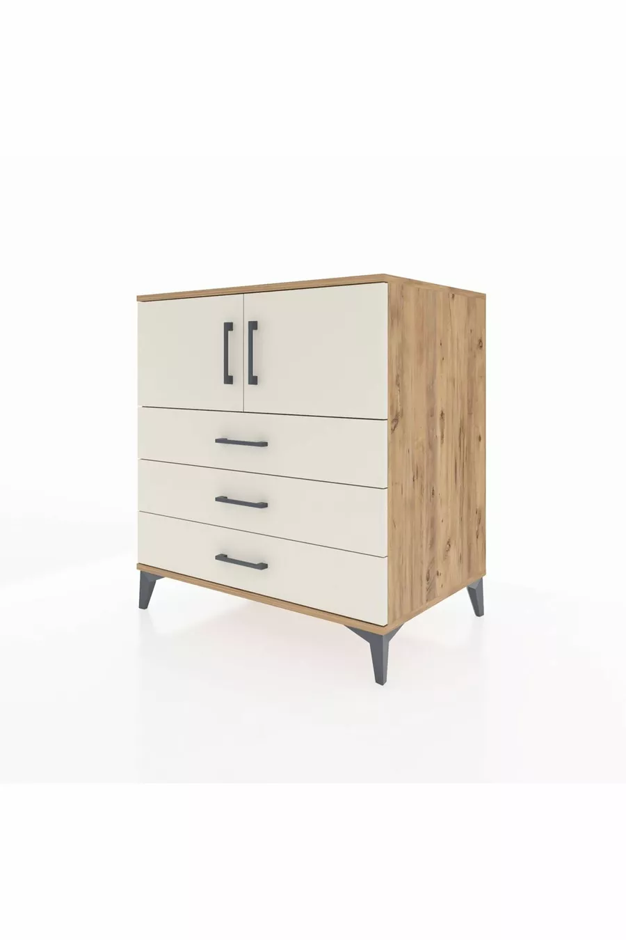 Commode Kronos avec 2 étagères, 3 tiroirs et 2 portes, en pin et pierre de lune