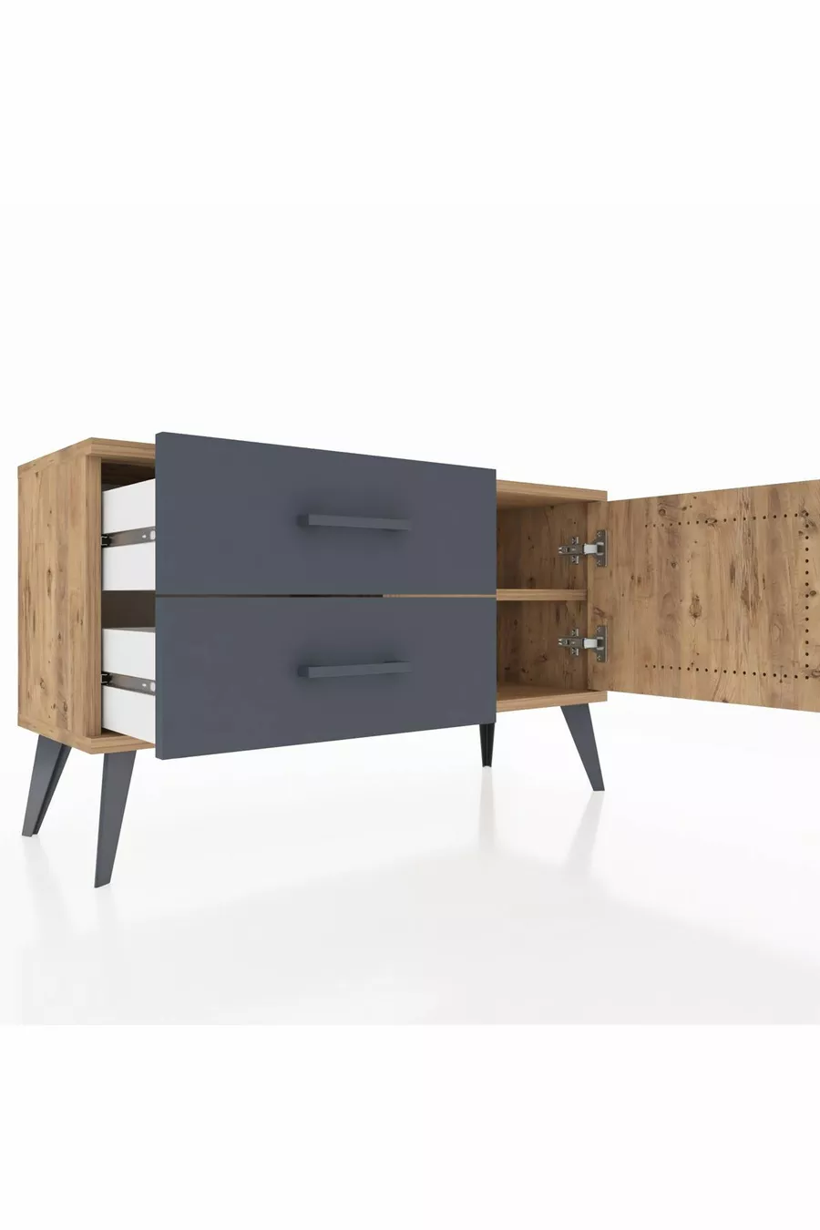Commode Arges avec une seule étagère, 2 tiroirs et une porte, Pin-Pin/Anthracite