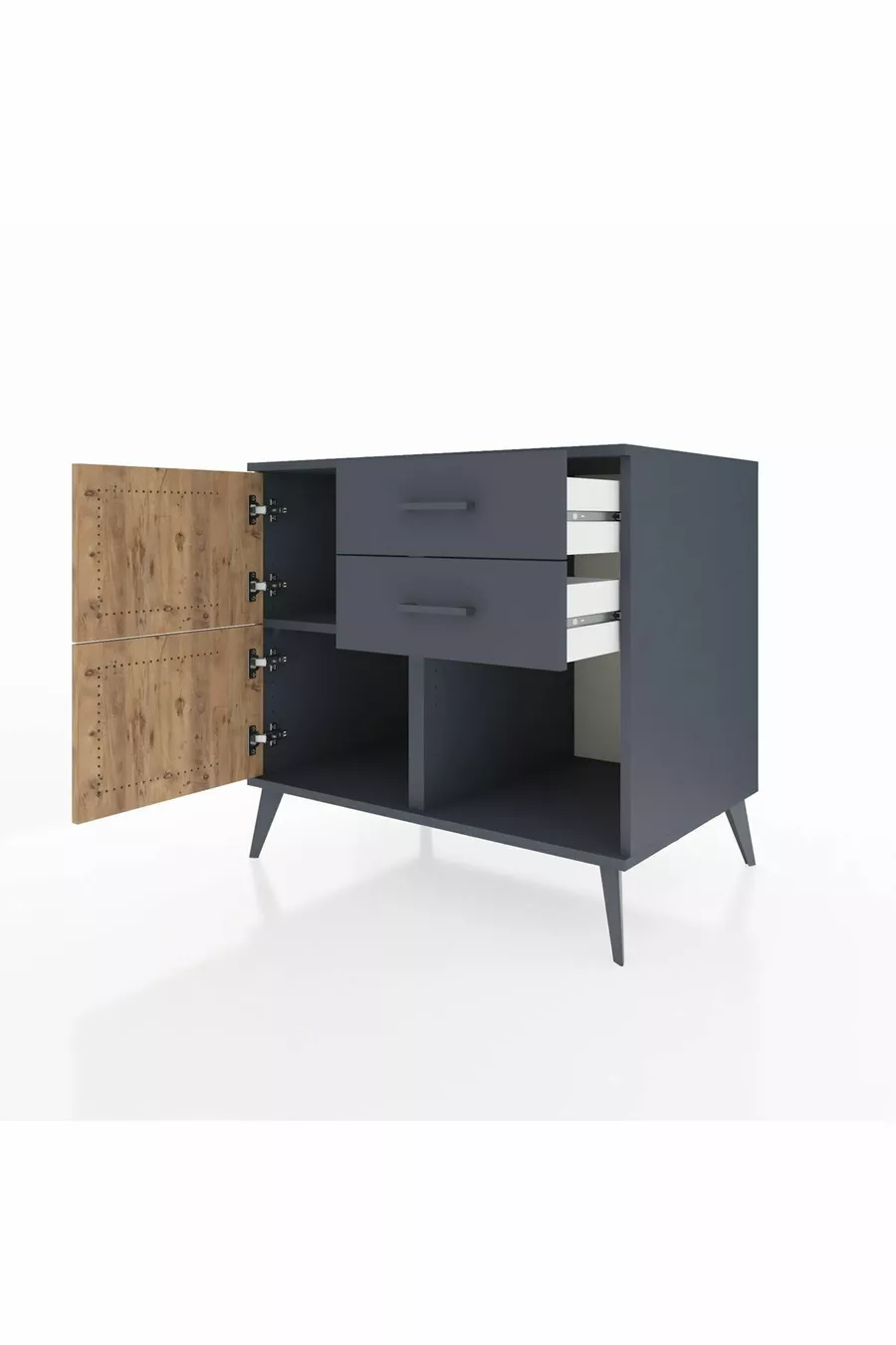 Commode Kronos à une étagère, 2 tiroirs, 2 portes, Anthracite-Pin/Anthracite