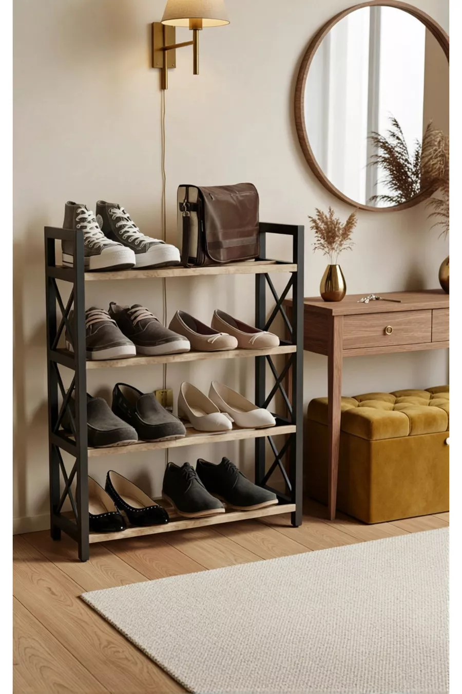 MEUBLE À CHAUSSURES DÉCORATIF EN BOIS MASSIF AVEC 3 BARRES ET 4 ÉTAGES (PAS EN MDF, le MDF se casse facilement !!!)
