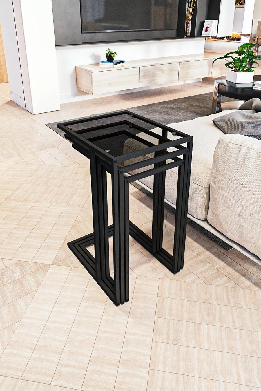 Ensemble de tables gigognes Ibiza Triple C Table d'appoint Canapé Métal 3 tables d'appoint latérales avec verre fumé