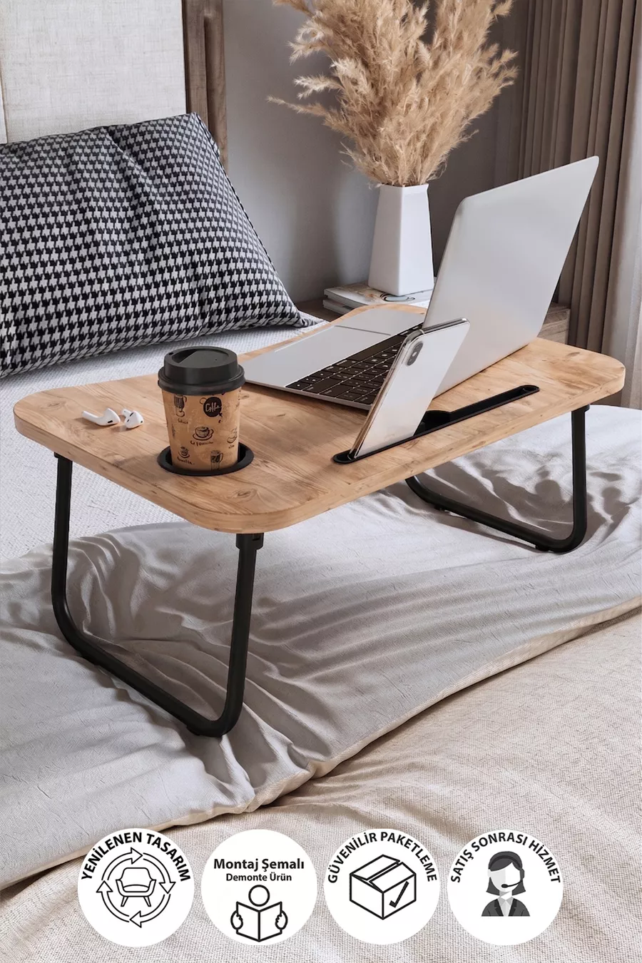 Table pliante portable pour ordinateur portable avec support pour tablette et téléphone, en pin