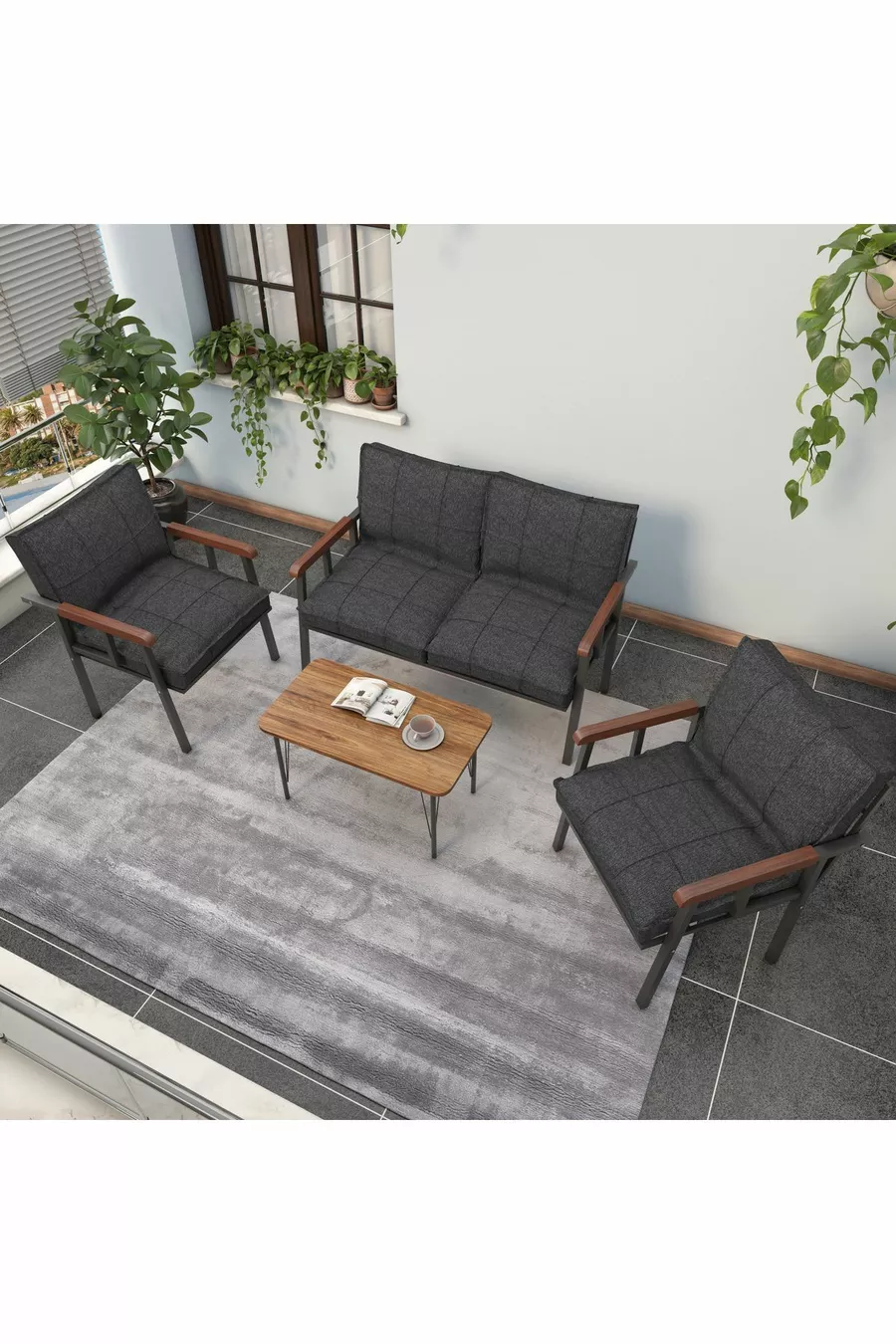 Série "Modern" Balcon, Jardin, Café - Ensemble Canapé en Métal 2 1 1 avec Table Cadeau - Anthracite