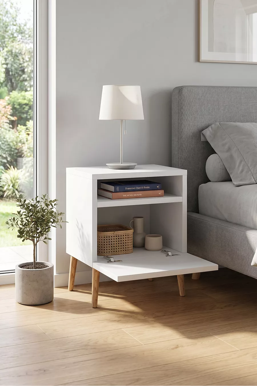 Commode moderne blanche avec pieds en bois, commode de chambre à coucher, commode pour chambre de bébé, commode pour chambre d'adolescent, commode avec étagères, table de chevet, commode moderne scandinave