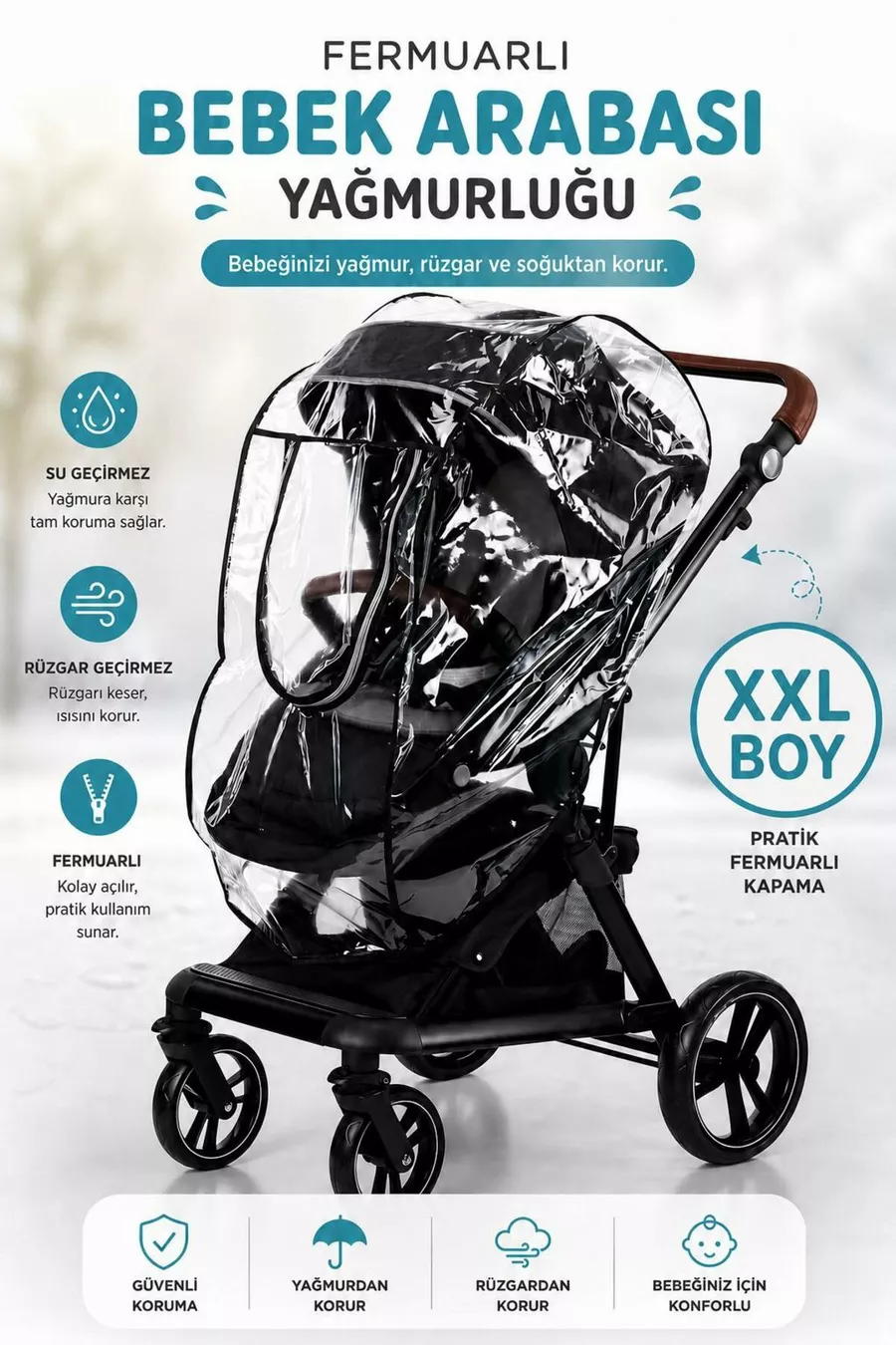 Imperméable de poussette ultra-luxueuse avec fermeture éclair (CONVIENT À TOUTES LES POUSSETTES) Noir
