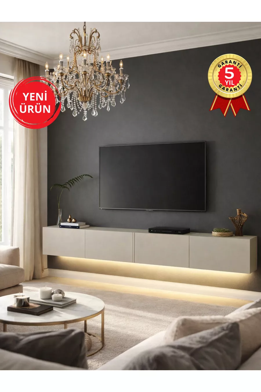 Meuble TV avec LED & Unité, Unité TV Murale Sable  cm | Homeros