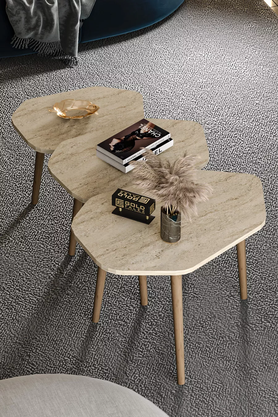Table gigogne 3 pièces Trio Table d'appoint en bois Table basse Travertin