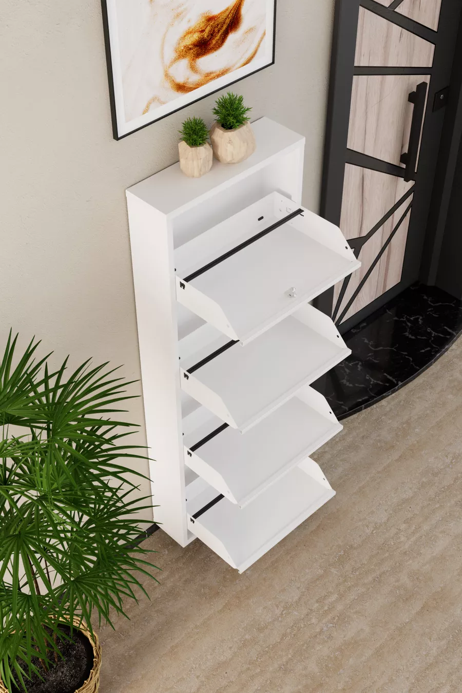 Meuble à chaussures métallique blanc à 4 portes verrouillables