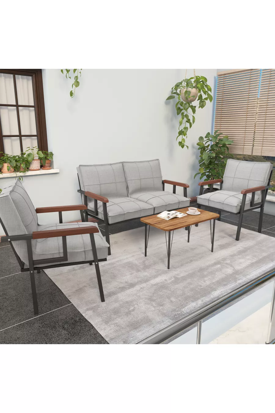 Série « Modern » Balcon, Jardin, Café - Ensemble Canapé en Métal 2 1 1 avec Table Offerte - Gris Clair