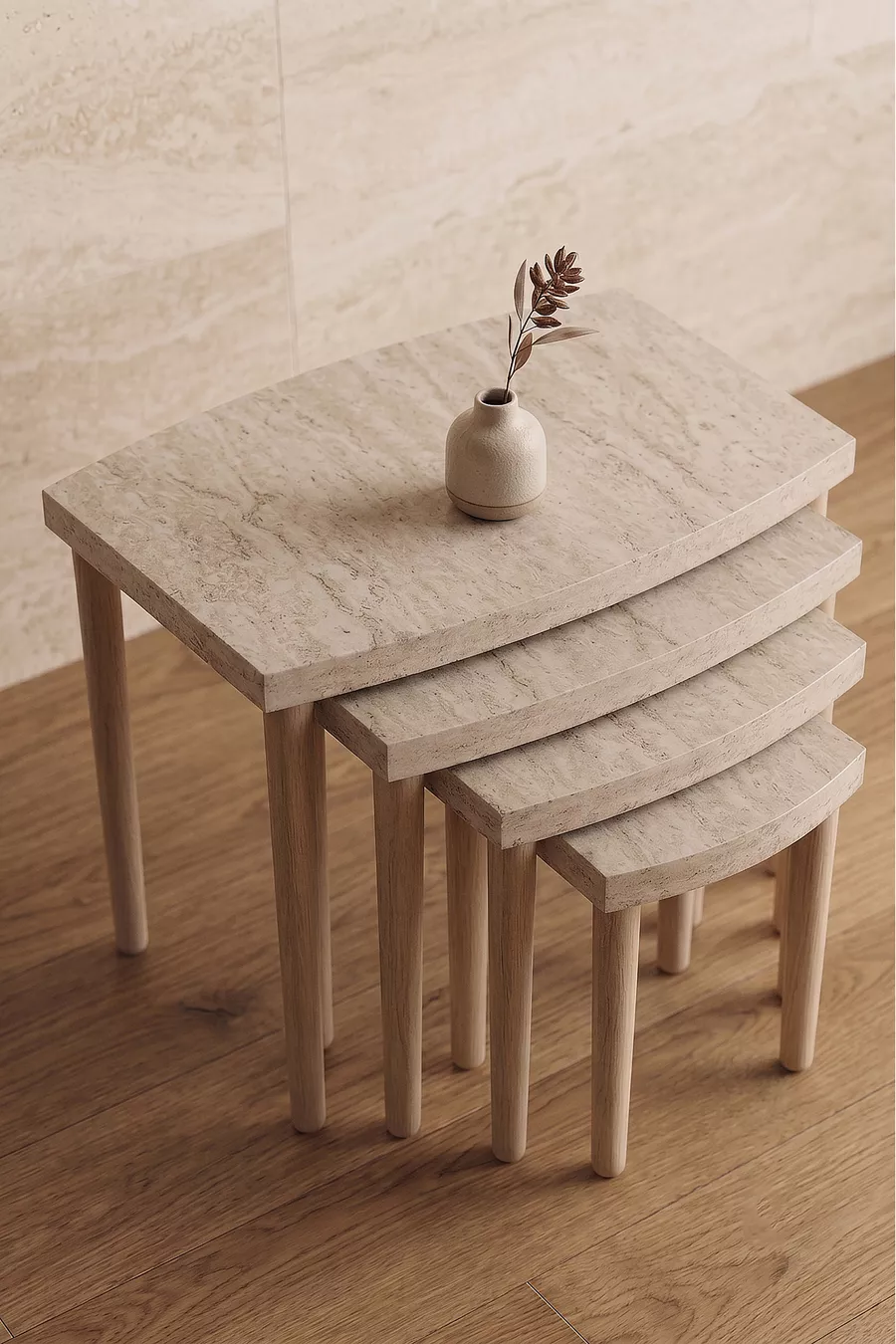Ensemble de tables gigognes 4 pièces en MDF à motif travertin avec pieds en bois de charme, design moderne